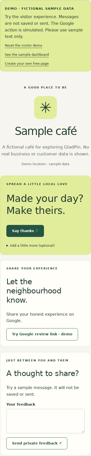 GladPin sample café demo showing thanks, a simulated Google review link and private feedback choices